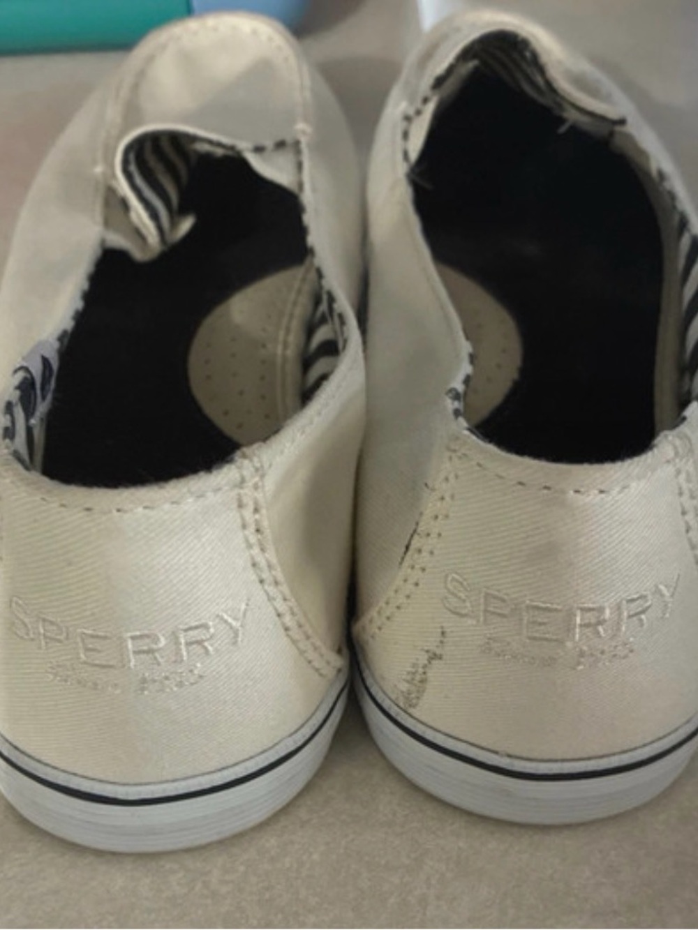 Sperry Women's Cream Canvas Slip-On Loafers with Navy Stripe Lining - Picture 2 of 5